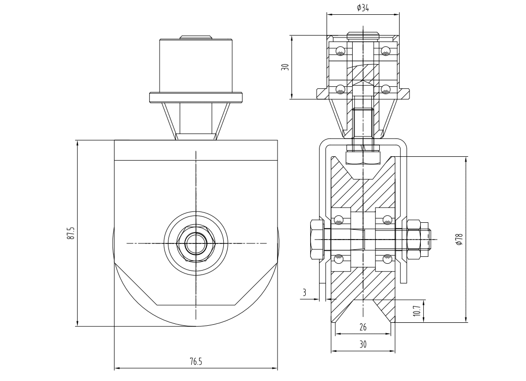 Esquema roda giratoria canal universal 80 mm